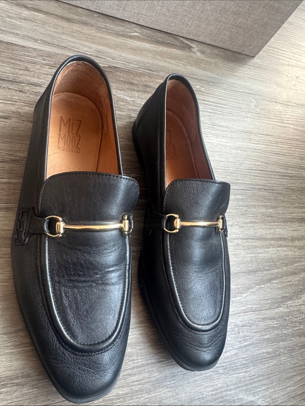 Miz Mooz Black Leather Loafers with Gold Bit